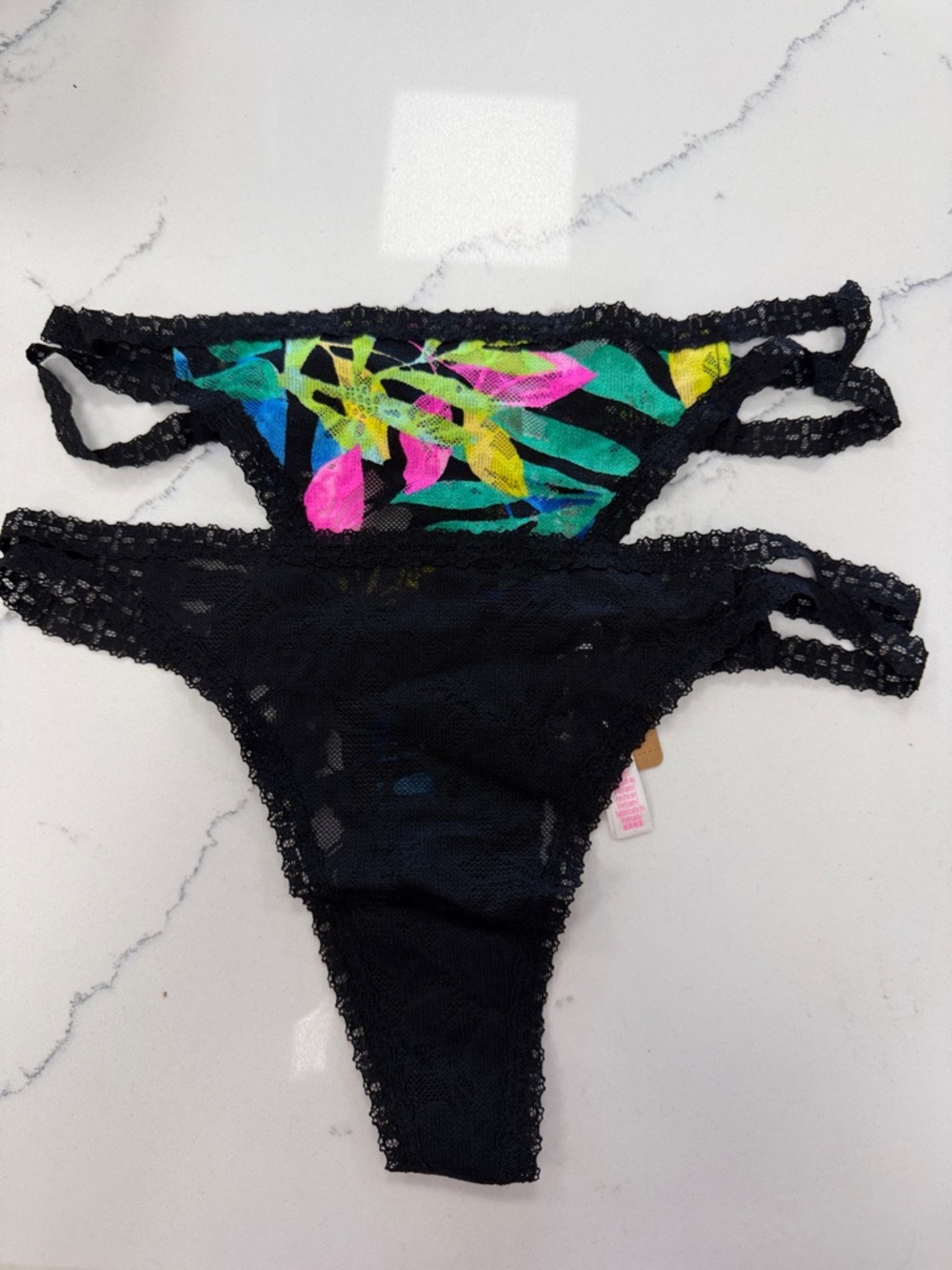 PINK Victoria's Secret Black Lace Thong Set with Neon Floral Panel